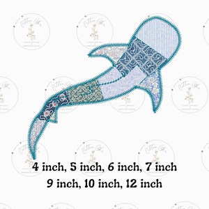 May include: A teal blue patchwork whale applique design in various shades of blue, white, and green. The design is available in 4, 5, 6, 7, 9, 10, and 12 inch sizes.