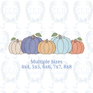 May include: An embroidery design featuring a row of five pumpkins in beige, dark blue, yellow, light blue, and orange, each with a green leaf. Text below reads: Multiple Sizes 4x4, 5x5, 6x6, 7x7, 8x8. The background has a repeating light blue wreath pattern.