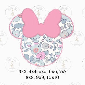 May include: A pink bow and mouse head design with floral pattern. The design includes the text "3x3, 4x4, 5x5, 6x6, 7x7, 8x8, 9x9, 10x10". The design is likely for embroidery or applique.