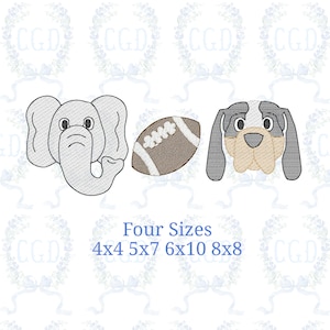 May include: Embroidered designs of an elephant, a football, and a dog's face. The text "Four Sizes" is below the images, followed by the sizes 4x4, 5x7, 6x10, and 8x8. The designs are in shades of gray, brown, and beige.