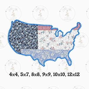 May include: A blue outline of the United States of America with a patchwork design in red, white, and blue. The design includes floral patterns and gingham. The text "4x4, 5x7, 8x8, 9x9, 10x10, 12x12" is below the image.