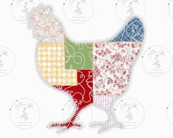 Quilted patchwork Farmhouse Chicken Applique machine embroidery design download file by Cotton Gin Embroidery 4 5 6 7 8 9 10 inch hoop sizes