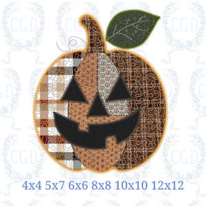 May include: A patchwork pumpkin design with a stitched outline, featuring a smiling jack-o'-lantern face. The pumpkin is composed of various fabric patterns in shades of brown, orange, and cream. A green leaf and stem are at the top. Text at the bottom reads: 4x4 5x7 6x6 8x8 10x10 12x12.