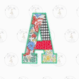 Diseño de bordado a máquina con apliques de letra inicial A de la universidad, patchwork acolchado, de Cotton Gin Embroidery, tamaños de aro de 4, 5, 6, 7, 8, 9 y 10 pulgadas
