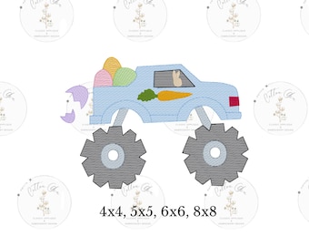 Easter monster truck with bunny sketch fill, light fill, quick stitch machine embroidery design file by cotton gin digitizing