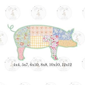 Könnte beinhalten: Ein Patchwork-Stickmuster eines Schweins mit verschiedenen Blumenmustern in Rosa, Blau, Gelb und Grün. Das Design ist in sechs Größen erhältlich: 4x4, 5x7, 6x10, 8x8, 10x10 und 12x12 Zoll.