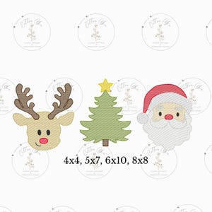 May include: A set of three Christmas embroidery designs featuring a reindeer, a Christmas tree, and Santa Claus. The designs are available in four sizes: 4x4, 5x7, 6x10, and 8x8.