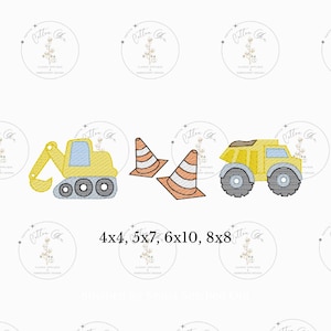 May include: A set of three embroidery designs featuring a yellow construction truck, a yellow excavator, and two orange traffic cones. The designs are available in four sizes: 4x4, 5x7, 6x10, and 8x8.