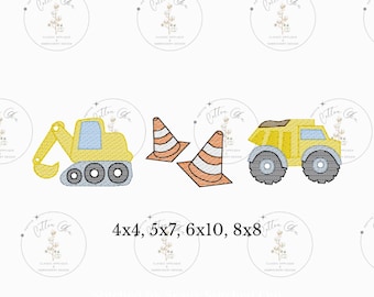 May include: A set of three embroidery designs featuring a yellow construction truck, a yellow excavator, and two orange traffic cones. The designs are available in four sizes: 4x4, 5x7, 6x10, and 8x8.