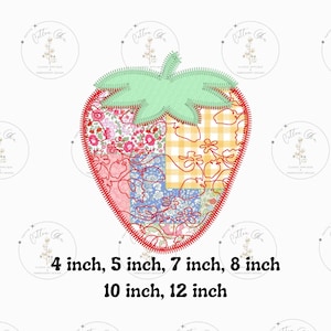 May include: A patchwork strawberry applique design in red, green, yellow, and blue with a red outline. The design is available in 4 inch, 5 inch, 7 inch, 8 inch, 10 inch, and 12 inch sizes.