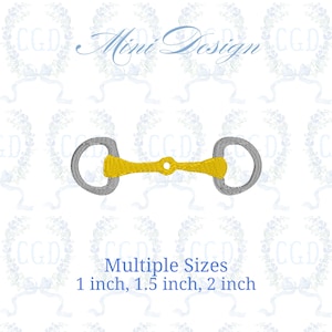 May include: A gold and gray horse bit design with the text "Mini Design" and "Multiple Sizes 1 inch, 1.5 inch, 2 inch". The bit has a gold center and gray rings. The background is white with a floral pattern.