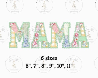 Archivo de diseño de bordado a máquina de apliques Varsity Mama con patchwork acolchado de Cotton Gin Embroidery. Tamaños de bastidor: 5, 7, 8, 9, 10 y 11 pulgadas.