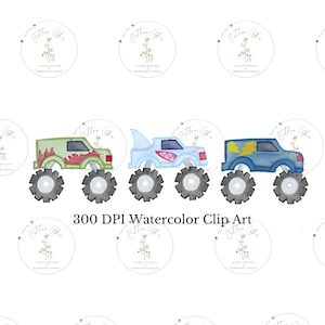 Jongen monstertruck trio aquarel afdrukbaar PNG-bestand met digitale illustraties voor sublimatie, warmteoverdracht, papierwaren en meer van Cotton Gin