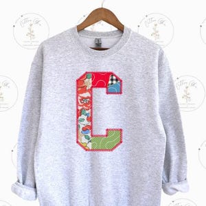 May include: A gray sweatshirt with a red, white, and blue patchwork letter C on the front.