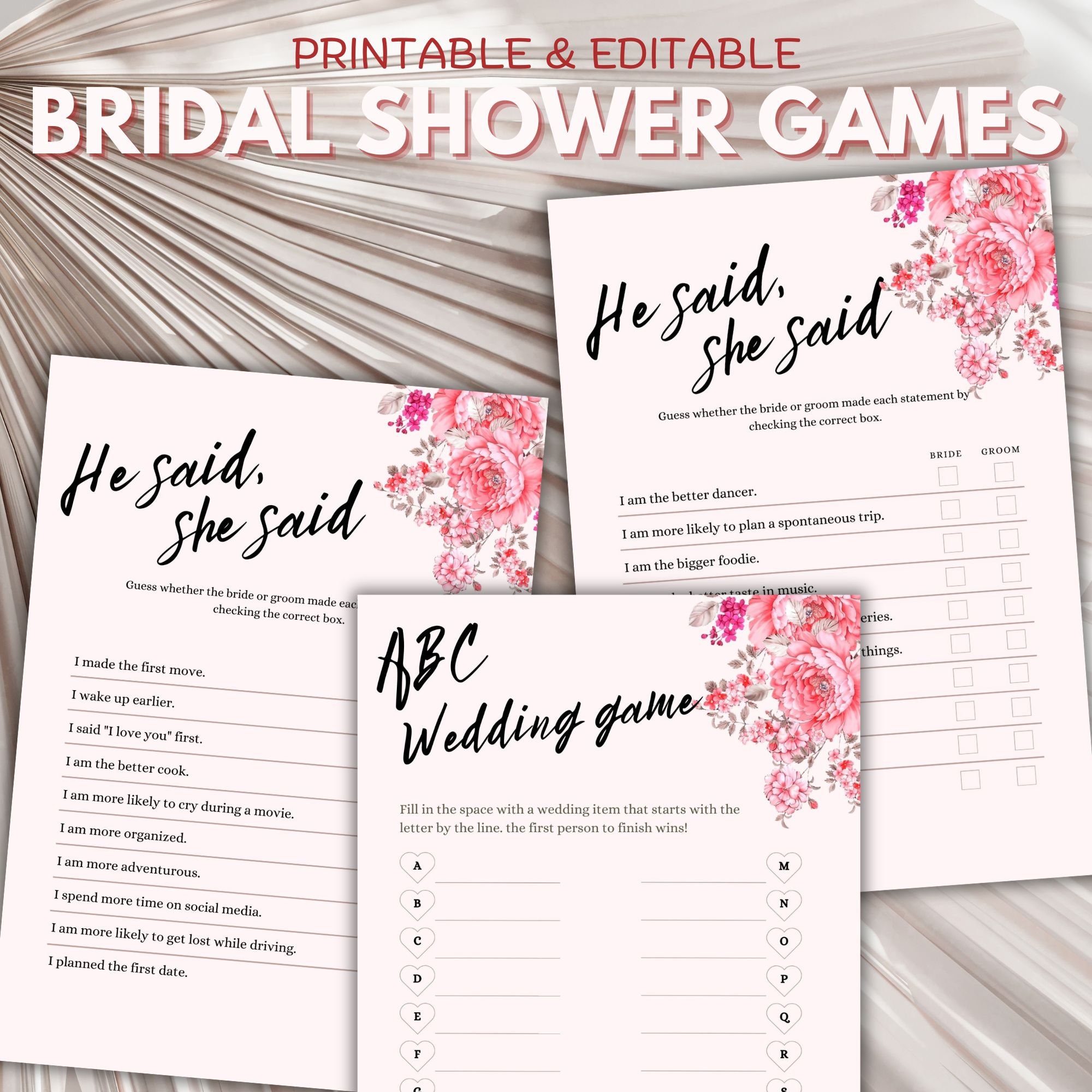 She Games Pink Floral Bridal Shower Games | Editable Games Templates | He Said ...