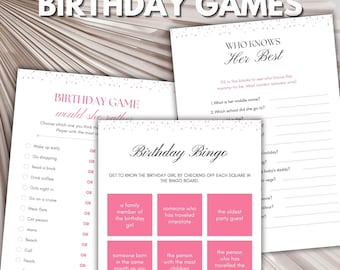 Giochi di compleanno divertenti rosa / Chi conosce la festeggiata / Attività per feste di compleanno / Bingo di compleanno / Giochi per feste di compleanno modificabili