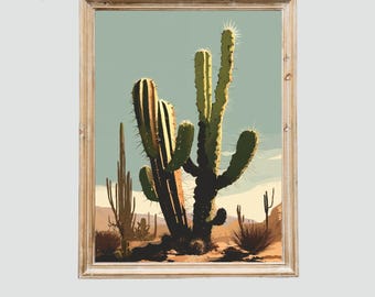 Stampa minimalista con cactus al tramonto: arte murale boho del sud-ovest (download digitale)