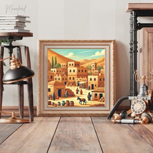 Paisaje de aldea bereber imprimible, dibujo animado de aldea del desierto, descarga digital, escena histórica de mercado de Oriente Medio, impresión de arte mural ilustrado