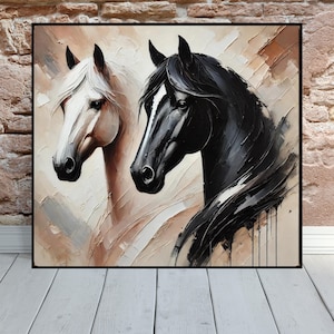 Horses Canvas Painting, Black & White Horse Duo Abstract Art, Horse Canvas Print, Modern Wall Decor for Living Room or Office, Horse Poster