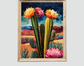 Stampa artistica di Cactus Bloom: vibrante paesaggio desertico del sud-ovest (download digitale)