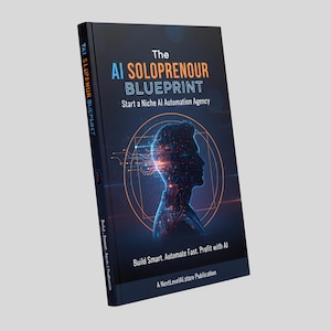 Könnte beinhalten: Ein Buch mit dem Titel "The AI Solopreneur Blueprint" mit einem dunkelblauen Einband. Das Cover zeigt eine leuchtende Silhouette eines menschlichen Kopfes, umgeben von einem Netzwerk aus Linien und Kreisen. Der Text lautet "Start a Niche AI Automation Agency".