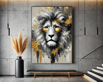 Pintura al óleo abstracta de león: Arte de vida silvestre dorado y gris (Descarga digital)