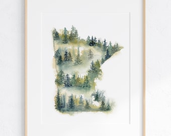 Minnesota Watercolor Art Print, Pine Trees, 8x10" or 11x14" Print of Hand Painted Artwork by Ivory Isle Designs, Travel State MN Nature