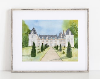 Chateau de Jalesnes Watercolor Art Print, 8x10" 11x14" Vernantes, France Print of hand-painted original art Ivory Isle, wedding gift travel