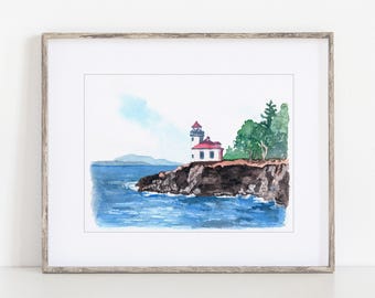 Lime Kiln Lighthouse Watercolor Art Print, 8x10" or 11x14" Friday Harbor Washington, print of a hand-painted watercolor, Wedding Travel Gift