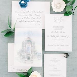 Vellum Wrap for Invitations, with Watercolor Venue Portrait Wedding Suite, Custom Illustration image 9