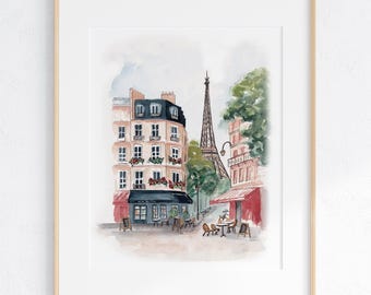 Paris Street with Eiffel Tower Watercolor Art Print 8x10" 11x14" of hand-painted original watercolor, Engagement Wedding France Travel Gift