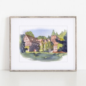 May include: Watercolor painting of a large, multi-story building with a red roof and a tower. The building is surrounded by trees and a grassy lawn.