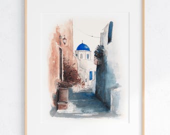 Santorini Greece Watercolor Art Print, 8x10"  11x14" Oia Blue Dome Print of a hand-painted original watercolor by Ivory Isle Travel Wedding