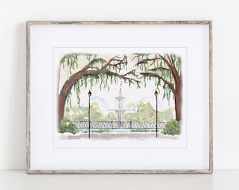 Forsyth Park Watercolor Art Print, 8x10" or 11 x14" Savannah Georgia Wedding Print of an hand-painted art by Ivory Isle Travel Gift Wedding