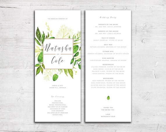 Greenery Design Wedding Program Tea Length Wedding Program Etsy