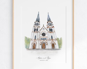 Cathedral Basilica of St. John the Baptist Watercolor Art Print, 8x10"  Print of a hand-painted original watercolor Savannah Georgia