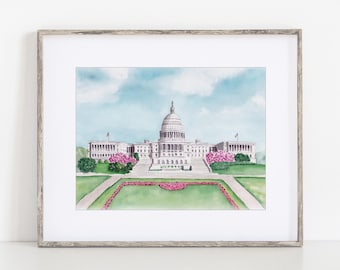 The United States Capitol Building Watercolor Art Print 8x10" 11x14" Washington DC print of a hand-painted original watercolor by Ivory Isle