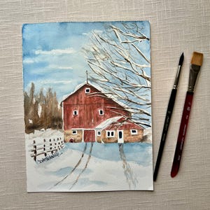 Red Barn Original Watercolor Painting, Hand Painted Art by Ivory Isle Designs. Winter Farm.