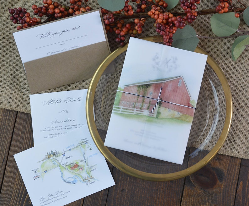 Vellum Wrap for Invitations, with Watercolor Venue Portrait Wedding Suite, Custom Illustration image 8