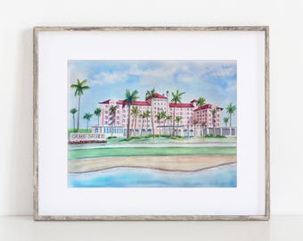 Grand Galvez Hotel Watercolor Art Print 8x10" or 11x14" Galveston Texas print of hand-painted original art by Ivory Isle Wedding Gift Travel