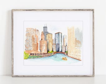 Chicago Riverwalk Watercolor Art Print, 8x10" or 11x14" Chicago, Illinois print of hand-painted original watercolor by Ivory Isle Designs.