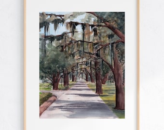 Live Oak Trees with Spanish Moss Watercolor Art Print 8x10" 11x14" Print of hand-painted art, Georgia, Jekyll Island Travel Gift, Wedding