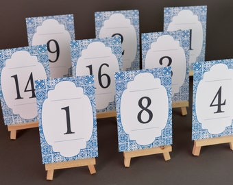 Blue Tile Table Numbers - Greek Greece Portugal Italy Italian - Destination Wedding Flat Table Numbers 4"x6" or 5"x7"