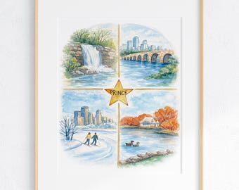 Minneapolis Seasons Watercolor Art Print of Hand-painted Art: Landmarks, Minnesota Travel Gift 8x10"  11x14" Personalizable Prince