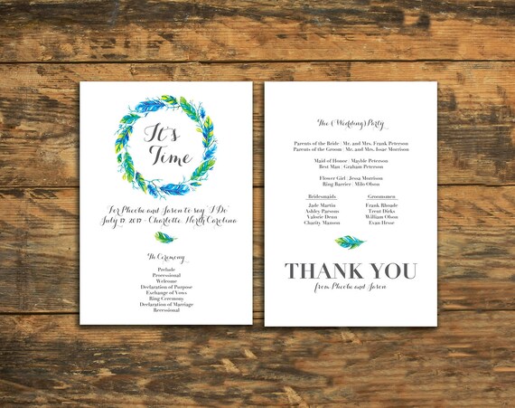 Bold Blue Feathers Wedding Program Whimsical Wedding Program Etsy