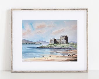 Eileen Donan Castle Watercolor Art Print, 8x10"  11x14" Scotland Travel Print of a hand-painted original watercolor, Scottish Highlands Loch