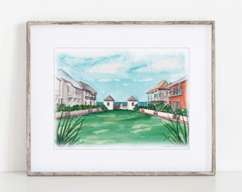 Eastern Lawn in Rosemary Beach Watercolor Art Print, 8x10" 11x14" Print of a hand-painted art, Wedding Gift Travel Florida Anniversary Venue
