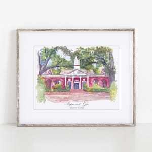 May include: A watercolor painting of a red brick building with white trim and a white steeple. The building is surrounded by green trees and a grassy lawn. The text "Meghan and Ryan, August 6, 2023" is written below the building.