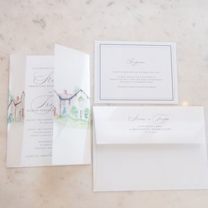 Vellum Wrap for Invitations, with Watercolor Venue Portrait Wedding Suite, Custom Illustration image 3