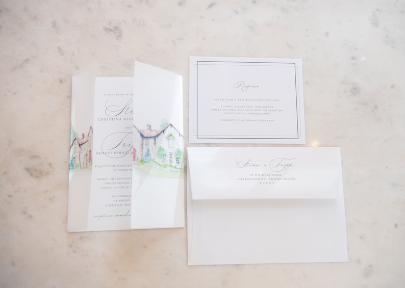 Vellum Wrap for Invitations, with Watercolor Venue Portrait Wedding Suite, Custom Illustration image 3